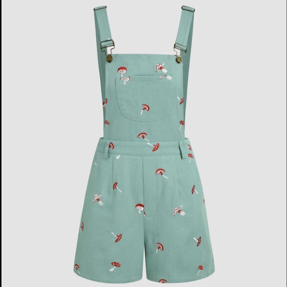 Cider Pants - New Cider Blue Mushroom Embroidered Vintage Overalls Shorts Playsuit